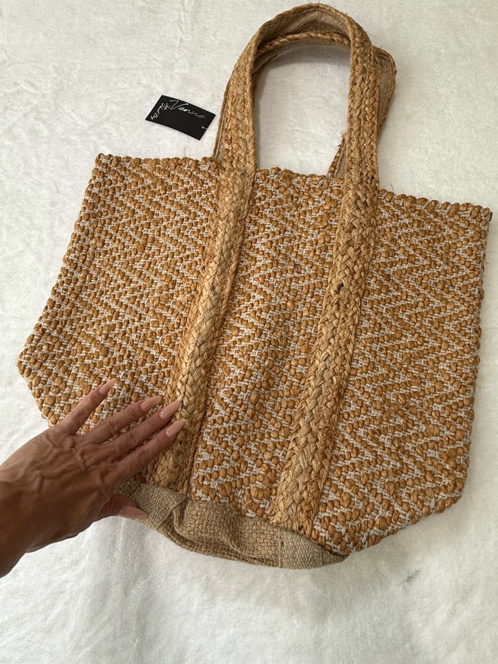 NEW Handmade Jute Bag Heavy Chevron Tote Bag in Natural Tan Extra Large Nice